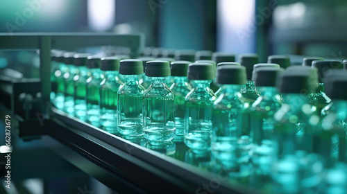 Glass bottles filled with clear liquid move seamlessly along an automatic conveyor line