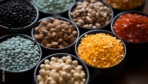 Variety of healthy lentils in a large bowl, nature abundance generated by AI