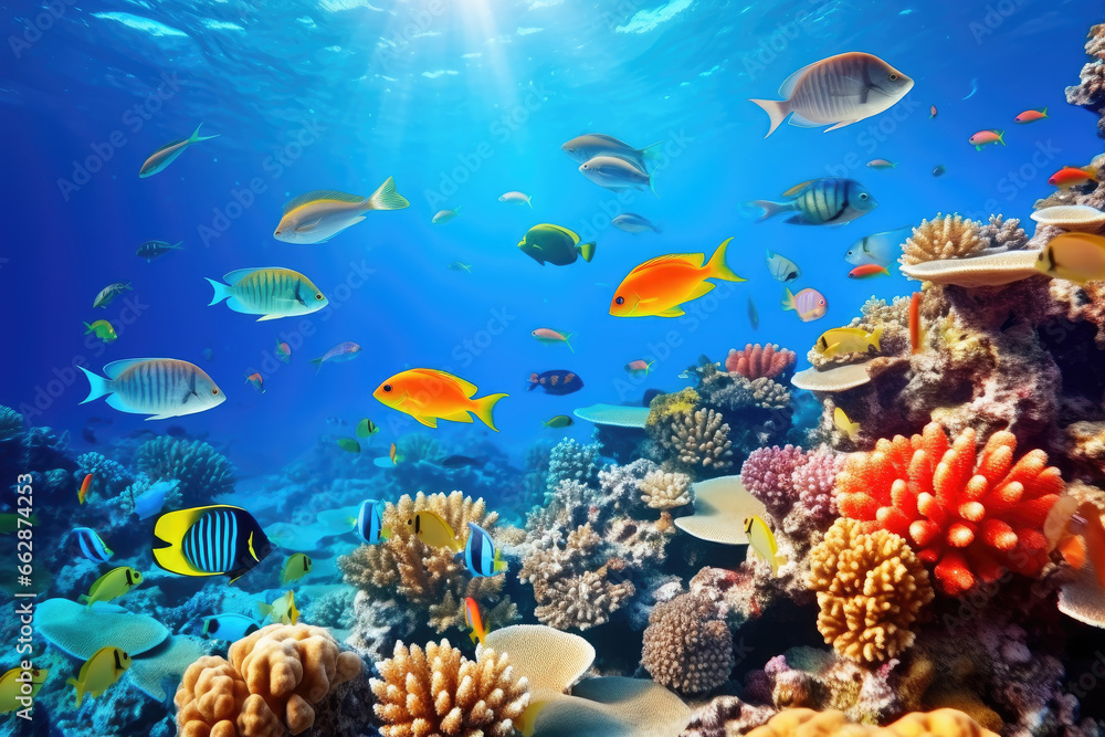 Fototapeta premium Underwater with colorful sea life fishes and plant at seabed background, Colorful Coral reef landscape in the deep of ocean. Marine life concept, Underwater world scene.