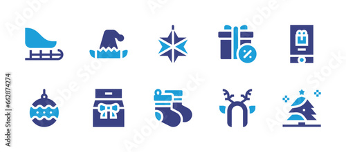 Christmas icon set. Duotone color. Vector illustration. Containing christmas bag, star, christmas tree, christmas sock, elf hat, sled, gift, bauble, discount, headband.
