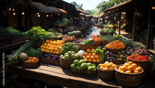Freshness and variety of fruits and vegetables in a vibrant market generated by AI © djvstock