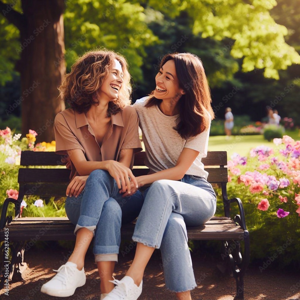 Naklejka premium couple sitting on bench in park