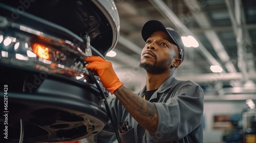 A technician is checking the electrical system inside a car