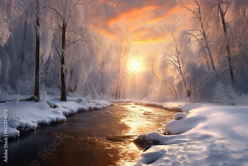 Winter forest sunrise with snowy landscape, early morning. Trees and river covered in snow. Generative AI © Eudoxia