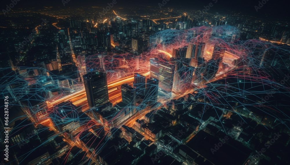 Futuristic skyscraper architecture illuminates city life with glowing technology generated by AI