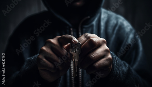 Dark burglar holding metal lock, close up of unrecognizable criminal generated by AI © Stockgiu