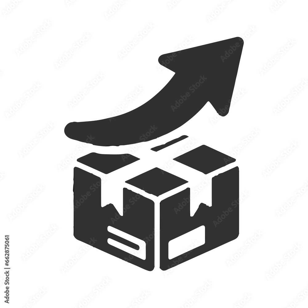 A minimalist silhouette of a package or box, complemented by an upward arrow. This vector emblem captures the dual themes of growth and delivery, Crafted with a transparent background A minimalist silhouette of a package or box, complemented by an upward arrow. This vector emblem captures the dual themes of growth and delivery, Crafted with a transparent background