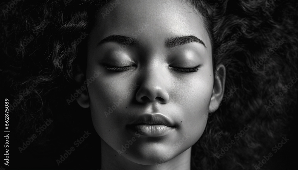 Young adult woman with brown curly hair exudes sensuality and elegance generated by AI Young adult woman with brown curly hair exudes sensuality and elegance generated by AI