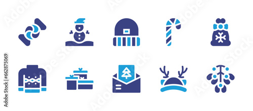 Christmas icon set. Duotone color. Vector illustration. Containing present, mistletoe, candy cane, reindeer, winter hat, christmas card, candy, sweater, snowman, gift.