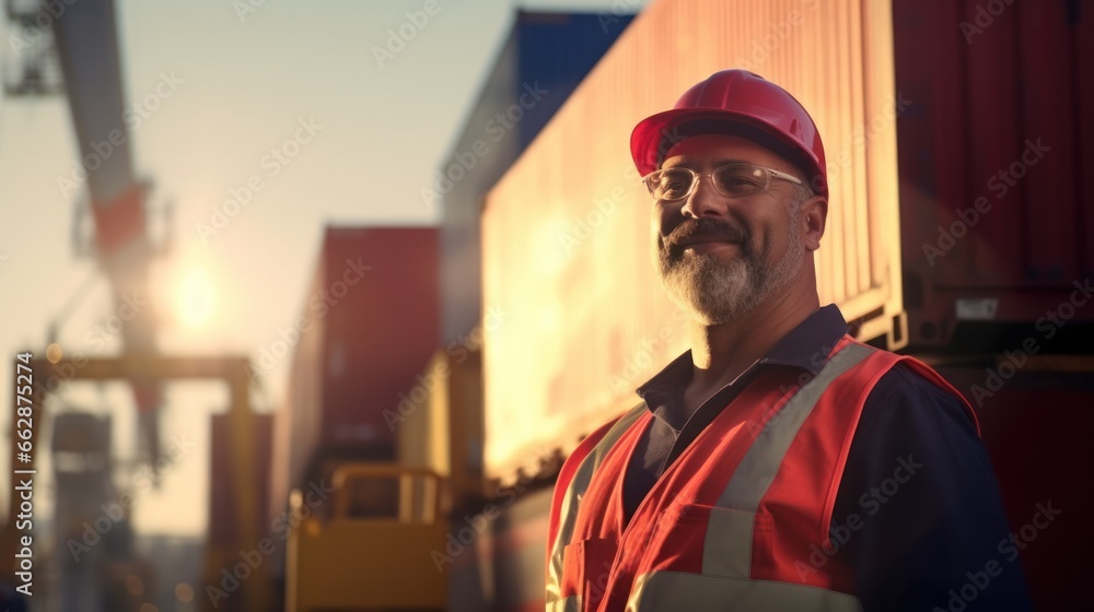 Hispanic man harbor worker talking on the walkie-talkie and control loading containers at container warehouse or port. container, import and export goods, industrial, transportation Hispanic man harbor worker talking on the walkie-talkie and control loading containers at container warehouse or port. container, import and export goods, industrial, transportation