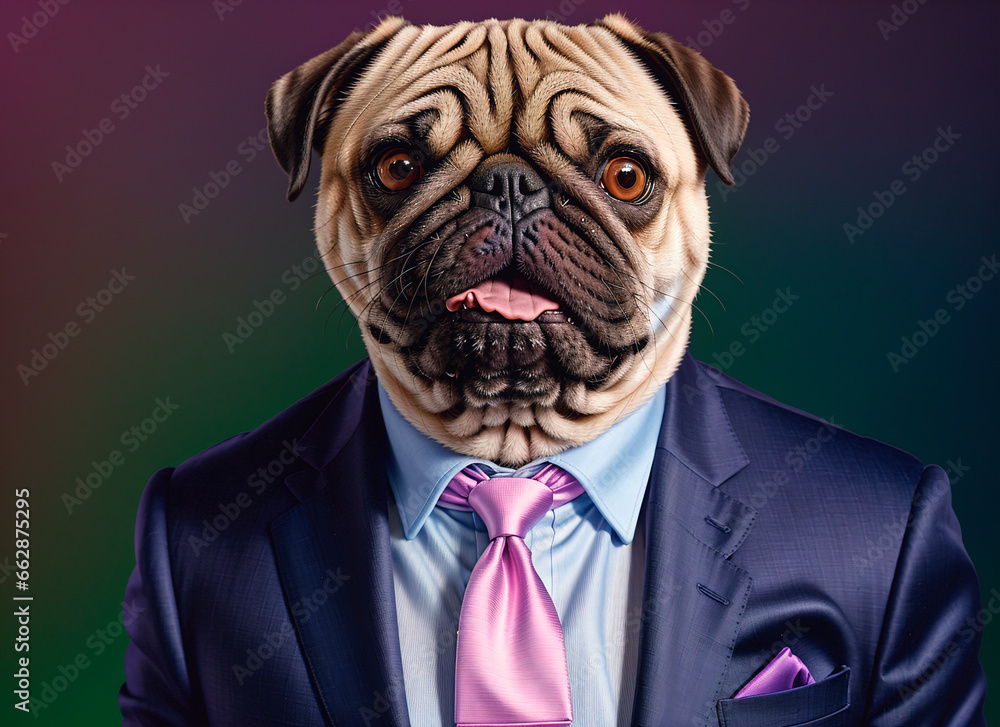 Funny pug dog in suit and tie on dark background. Funny pug dog in suit and tie on dark background.