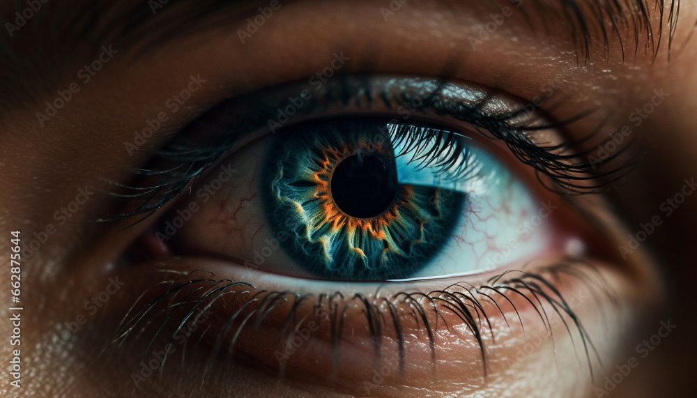 Fototapeta premium Close up portrait of young woman blue eye staring at camera generated by AI