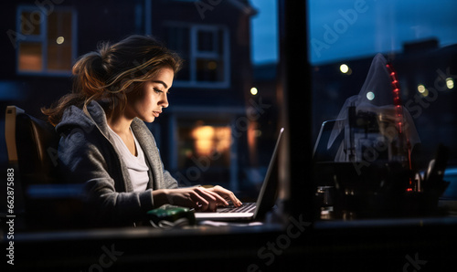 Focused Female Businesswoman Working Through the Night
