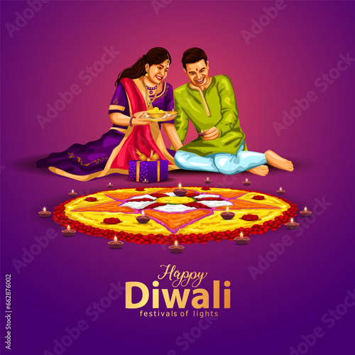 Indian family celebrate Diwali festival background with decorated Rangoli and Diya. vector illustration design.