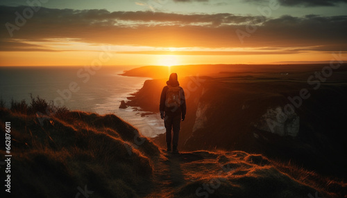 One person standing on cliff, back lit by sunrise generated by AI