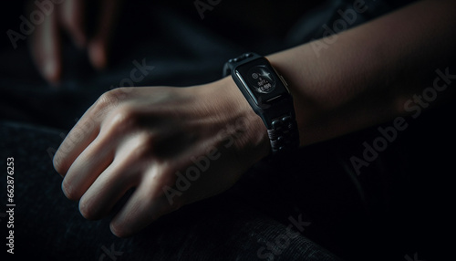 Young adult holding black wristwatch, sitting in casual clothing generated by AI