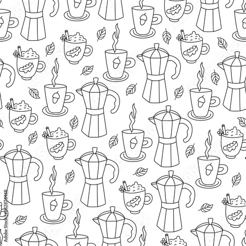 Autumn seamless pattern wth coffee pot, mugs of tea and leaves. Fall doodle vector hand drawn illustration.