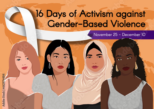 Banner for 16 Days of Activism against Gender-Based Violence with Women of different ethnic groups together and white ribbon. Vector colorful illustration