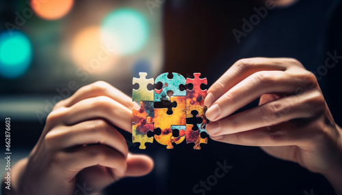 Successful teamwork holding jigsaw pieces, connecting ideas for business strategy generated by AI