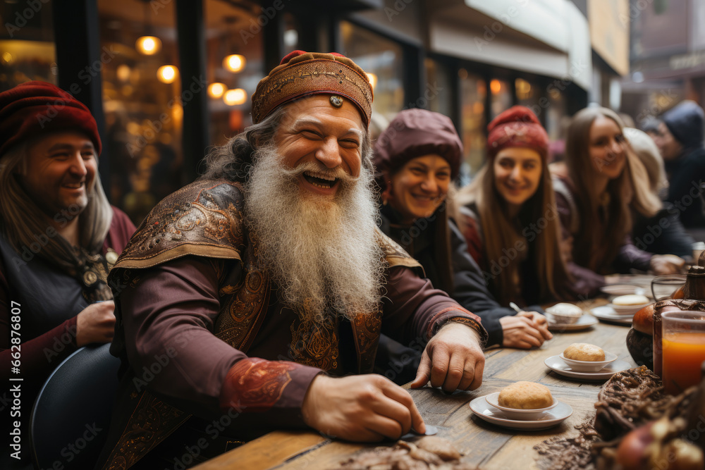 A scene from a Purim celebration, where costumes and laughter are the order of the day. Generative Ai. A scene from a Purim celebration, where costumes and laughter are the order of the day. Generative Ai.