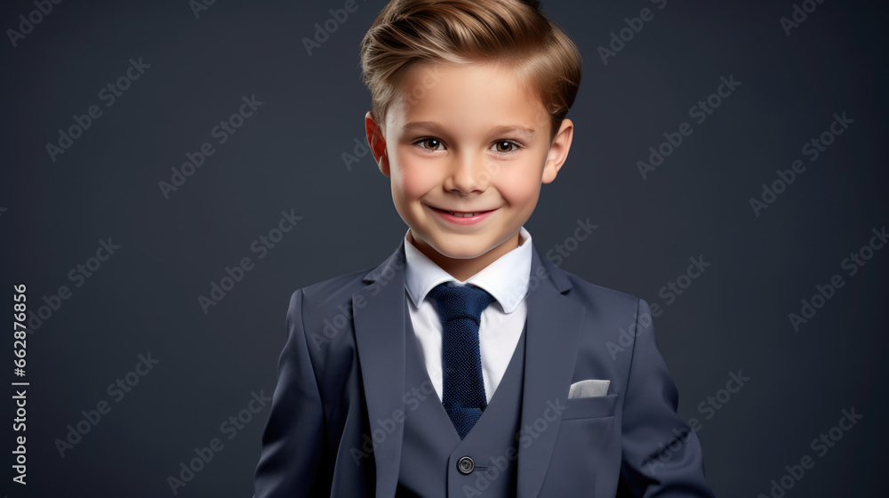 Little boy dressed as a businessman stands against a black background. Little boy dressed as a businessman stands against a black background.