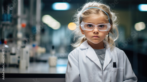 Little girl portrays a scientist in a classroom or lab.