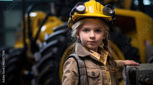 A little girl pretending to be a mechanic. The concept of children in adulthood.