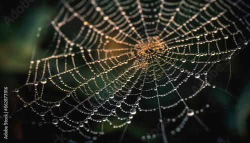 Spider spins intricate web, dew drops glisten in nature beauty generated by AI