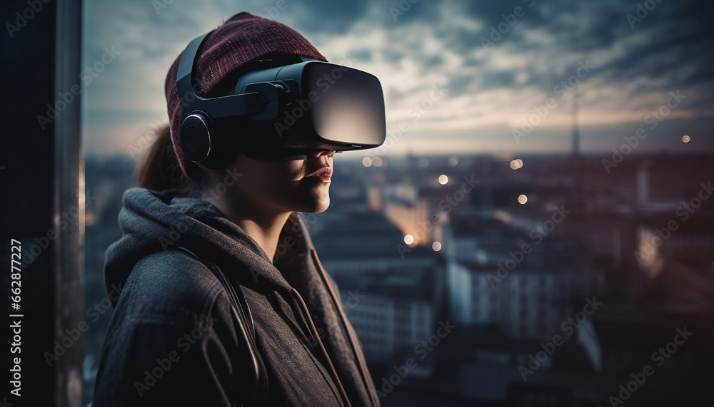 Young adult men in futuristic cityscape, watching virtual reality simulator generated by AI Young adult men in futuristic cityscape, watching virtual reality simulator generated by AI