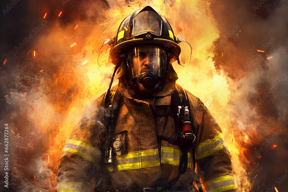 Portrait of a fireman. Professional lifeguard. Extinguishing the fire. Firefighter. Portrait of a fireman. Professional lifeguard. Extinguishing the fire. Firefighter.