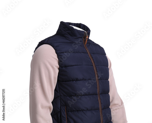 Male mannequin with accessories dressed in stylish beige sweatshirt and vest isolated on white