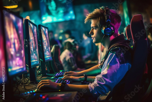Video game room. Sports competitions with video games. International eSports tournament. © Yuliia