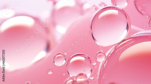 Close-up of pink liquid with balls - bubbles. Texture of pink drink waves and splashes in motion. 3d render illustration abstract style.
