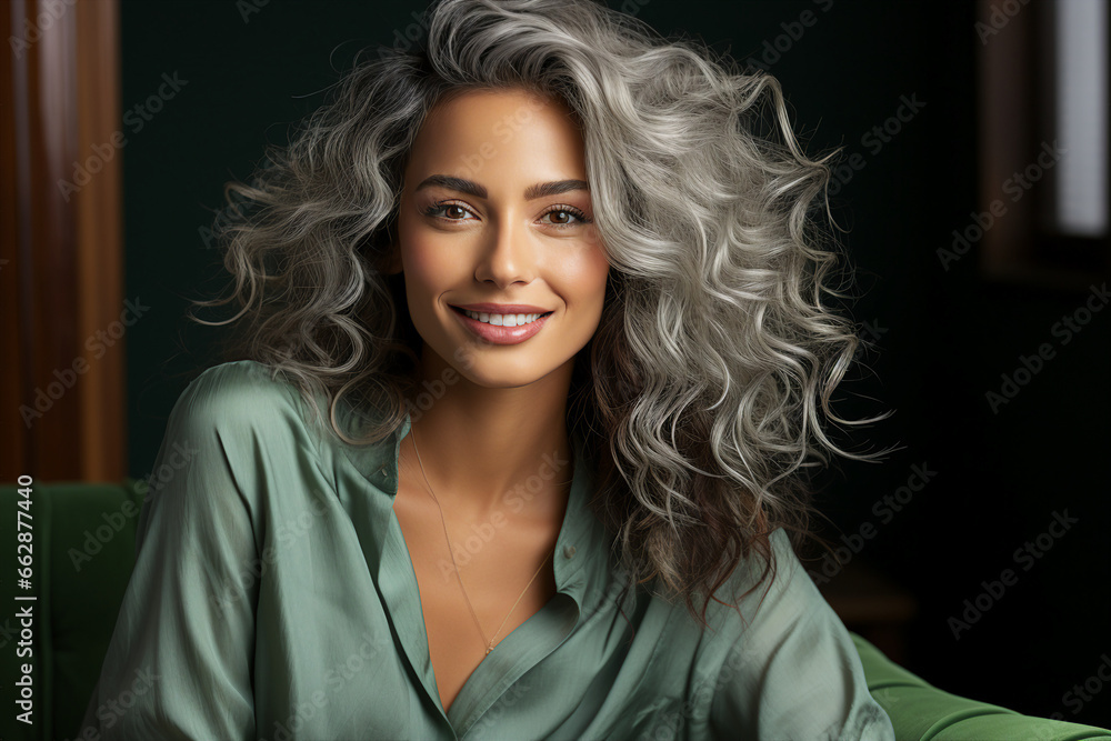 Generative AI photography of stunning lady with wavy grey color hair