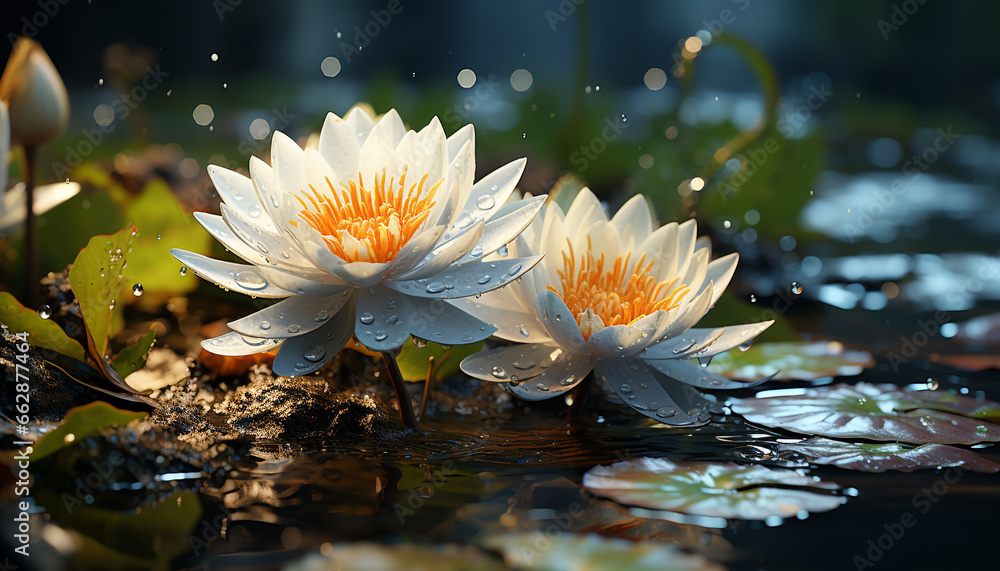Tranquil scene: single flower reflects beauty in nature water garden generated by AI