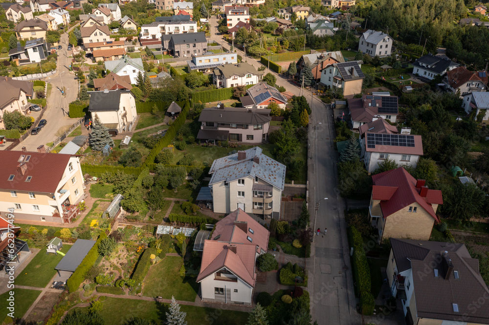 Drone photography or suburban houses with solar panels