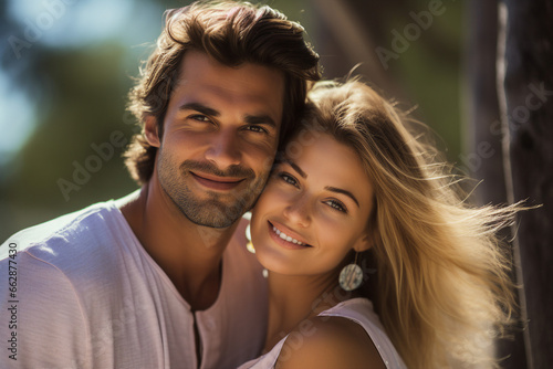 Young couple portrait two lovers spending time sunny country travelers Generative AI