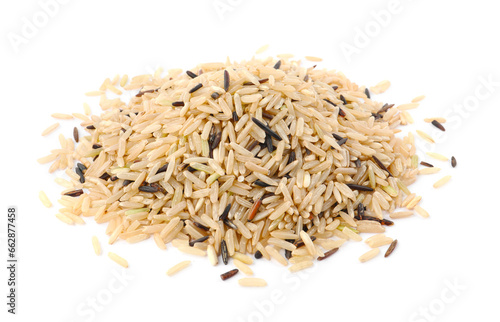 Pile of raw unpolished rice isolated on white