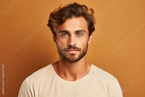 Generative AI portrait of a handsome man model pop star with perfect hairstyle beard isolated on beige background © Tetiana