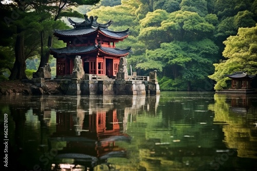 A serene pond within a historical shrine. Tranquil and picturesque scenery. Generative AI