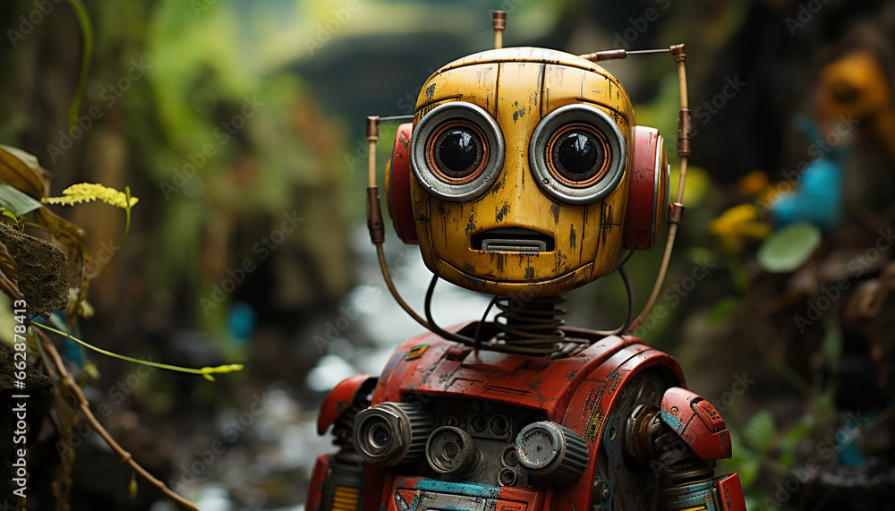Robot machinery in a futuristic forest, a cute robotic arm toy generated by AI Robot machinery in a futuristic forest, a cute robotic arm toy generated by AI