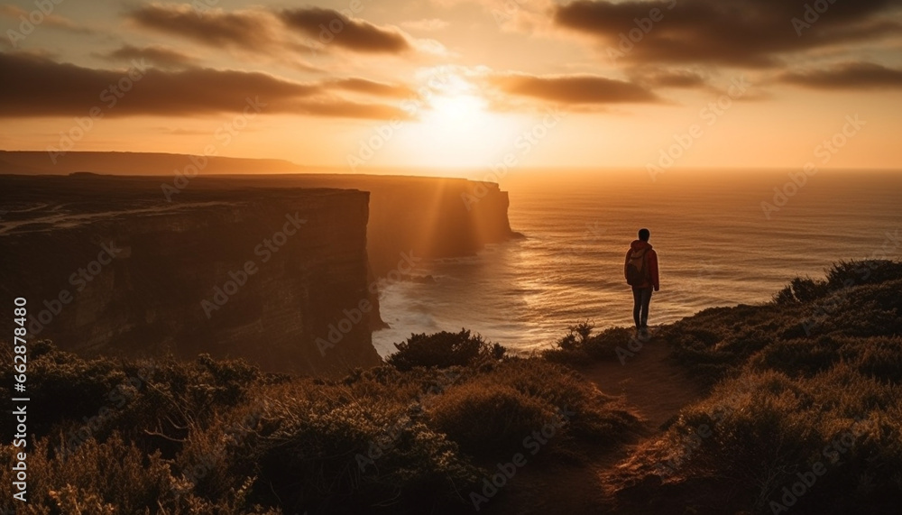 One person standing on cliff, admiring majestic sunset view generated by AI