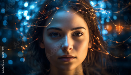 Young adult woman, illuminated in defocused night, exudes beauty and sensuality generated by AI