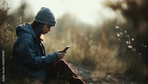 Young adult man outdoors, sitting in forest, text messaging generated by AI