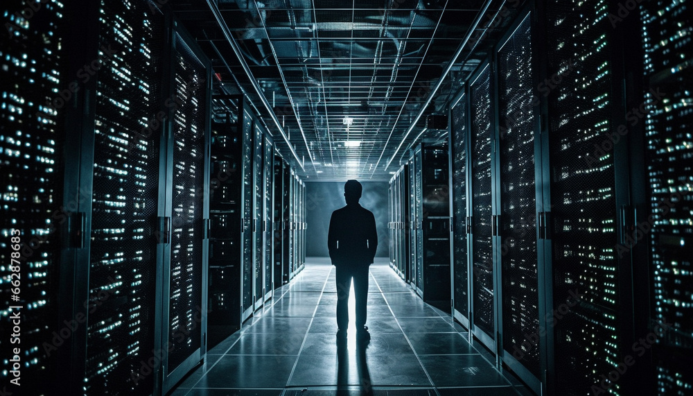 Mid adult businessman walking in futuristic network server room generated by AI Mid adult businessman walking in futuristic network server room generated by AI