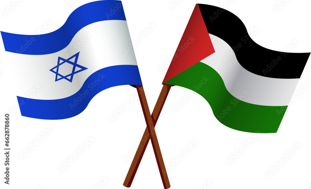 Palestine and Israel crossed flags. . unity concept. War between Palestine and Israel. vector illustration isolated on white background Palestine and Israel crossed flags. . unity concept. War between Palestine and Israel. vector illustration isolated on white background