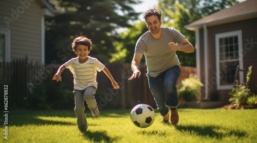 Joyful father and son play with a soccer ball in the front yard of the house photo