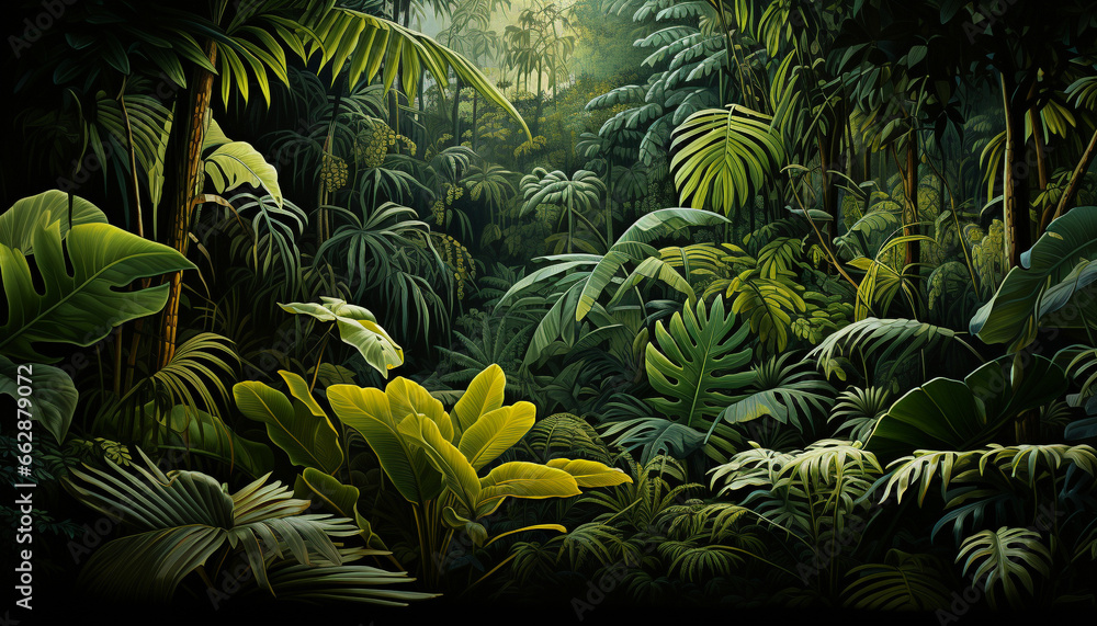 Fototapeta premium Lush tropical rainforest, a green landscape of plants and trees generated by AI