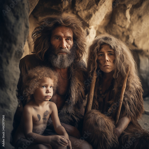 Family of ancient Neanderthal people in cave close-up, man, woman and child with long matted hair dressed in animal skins photo