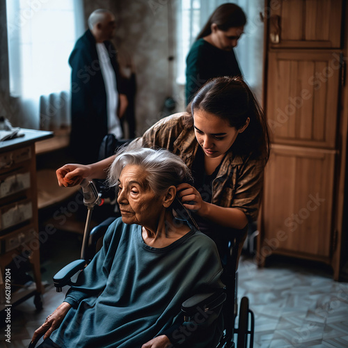 Young ethnic girl doing hairstyle to elderly disabled woman in wheelchair, caring for disabled people, kindness and empathy 